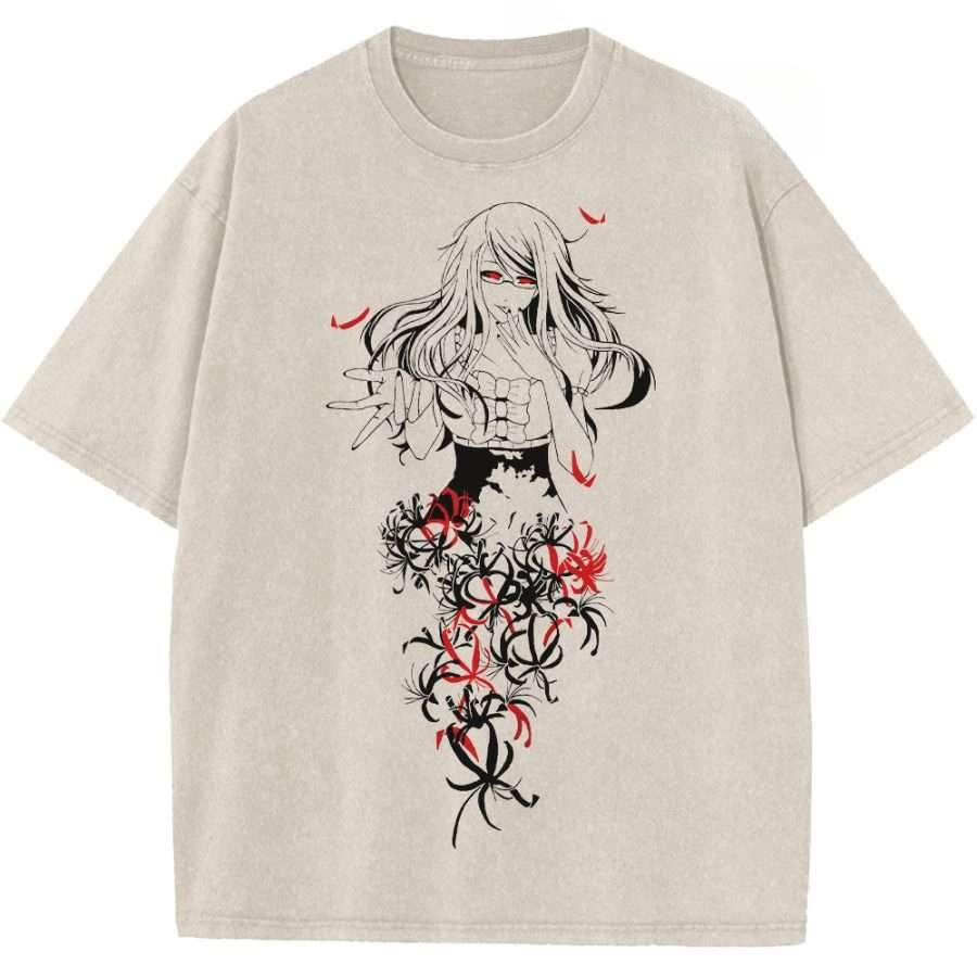 Kaneki Ken Tokyo Ghoul Anime Clothing Men Women Oversized T-shirts Short Sleeve Washed T Shirt Retro Cotton Tshirt Harajuku Tops S бежевый