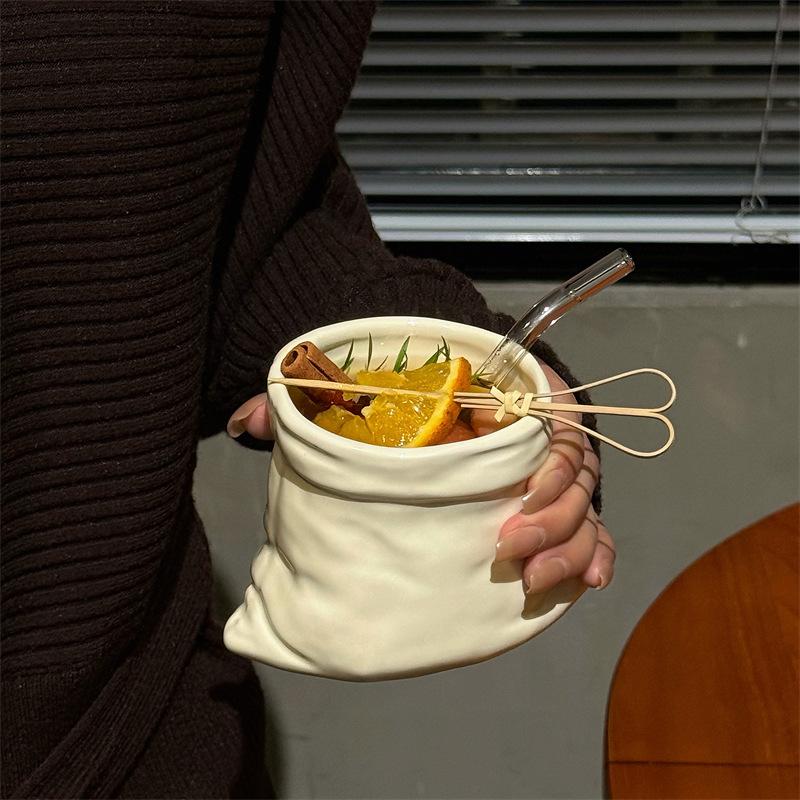 Handcrafted Pouch Style Ceramic Cup Minimalist Coffee Mug Unique Birthday Christmas Gift for Friends FamilyHandcrafted Pouch Style Ceramic Cup