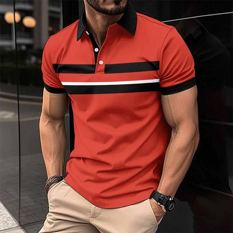Men s Striped Color Block Short Sleeve Polo Shirt Casual Golf Top S красный