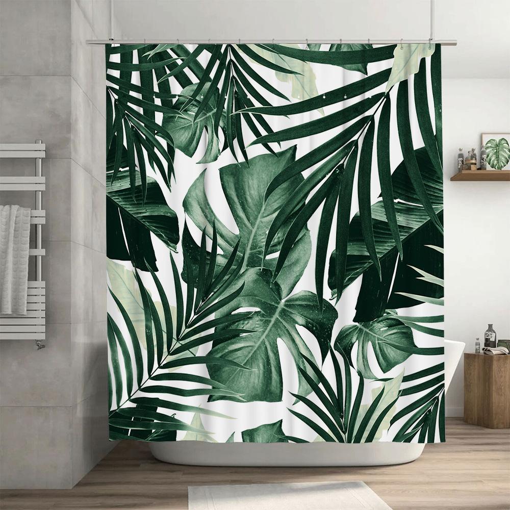 Tropikalne Zielone Liście Zasłona Prysznicowa Wodoodporna Tkanina Dekoracja Łazienki Nadruk Zieleni Mata Kąpielowa Nowoczesny Element Wystroju Domu