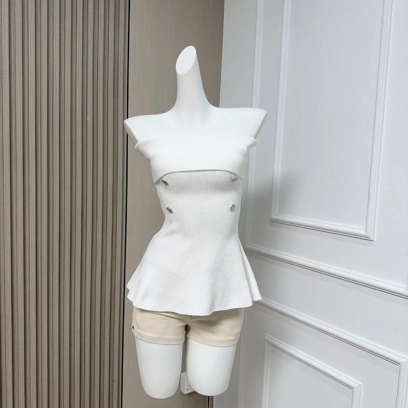 Women's Strapless Peplum Top Ribbed Knit with Metal Button Details