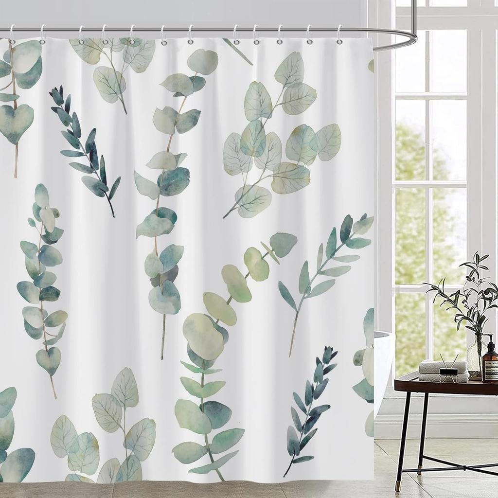 Tenda da Doccia con Foglie di Eucalipto Verdi, Asciugatura Rapida Impermeabile Piante Botaniche Decorazione Bagno con Ganci