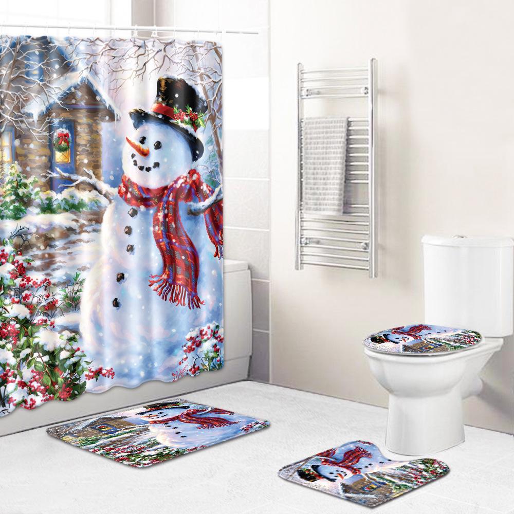 Christmas Toilet Seat Shower Curtain Four-Piece Printed Floor Mat Set Bathroom Floor Mat Bedroom Absorbent Door Mat Carpet