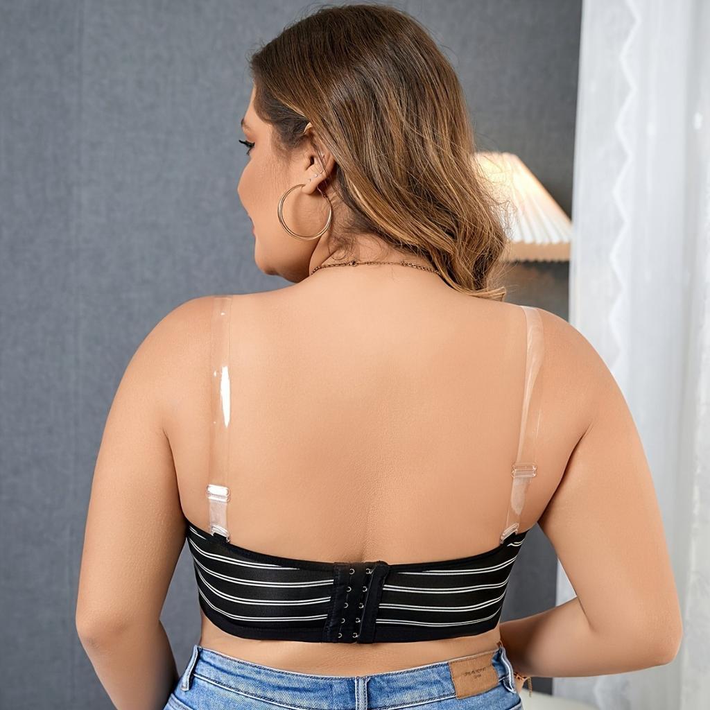 Large Size Black and White Stripes Mesh Pattern Breathable Seamless Underwear Fashionable Side Breast Control Detachable Bra