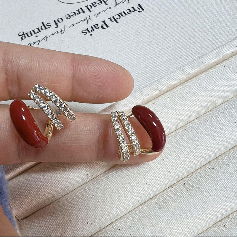 Wine Red C-shaped Stud Earrings for Women Curved Crystal Luxury Wedding Ear Decoration Female Small Earrings new trend