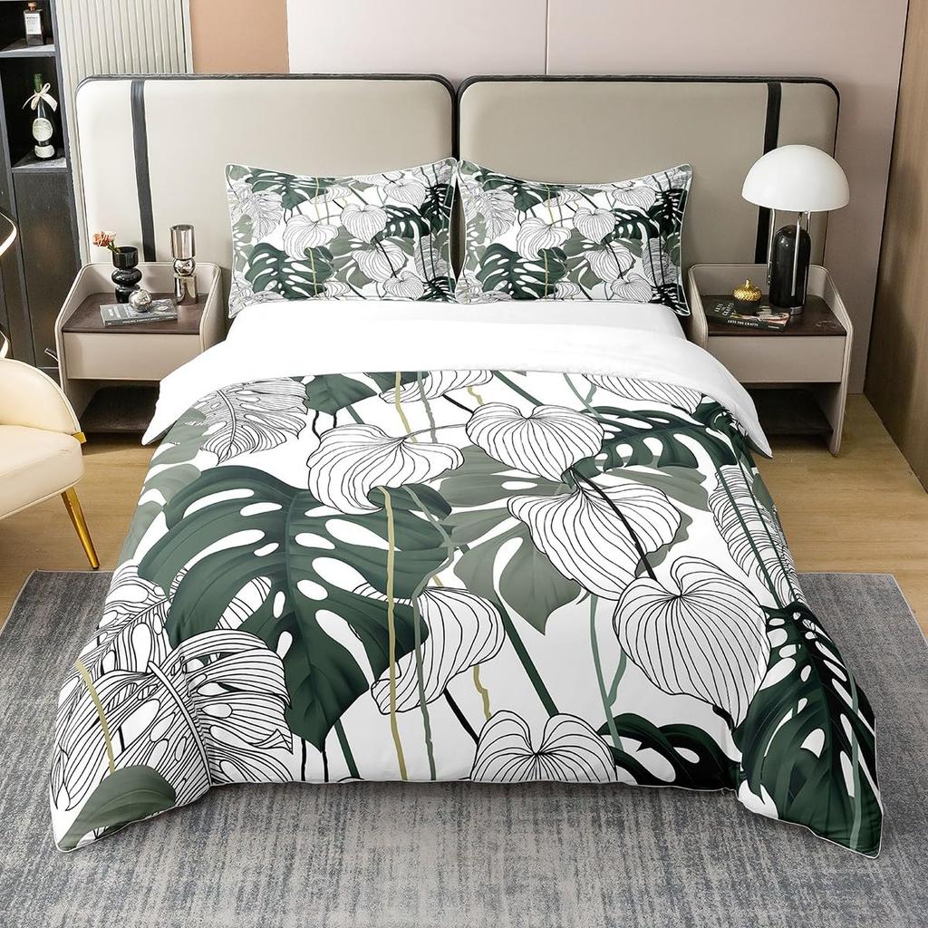 Palm Leaves Comforter Cover Duvet Cover Tropical Leaves Bedding Set Quilt Cover for Men Women, White 3 Pcs Queen King Size