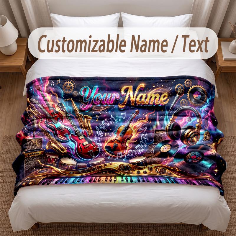 Music General Theme Soft Blanket Personalized Custom Name Text Print Warm Blanket Home Sofa Bedroom Decor
