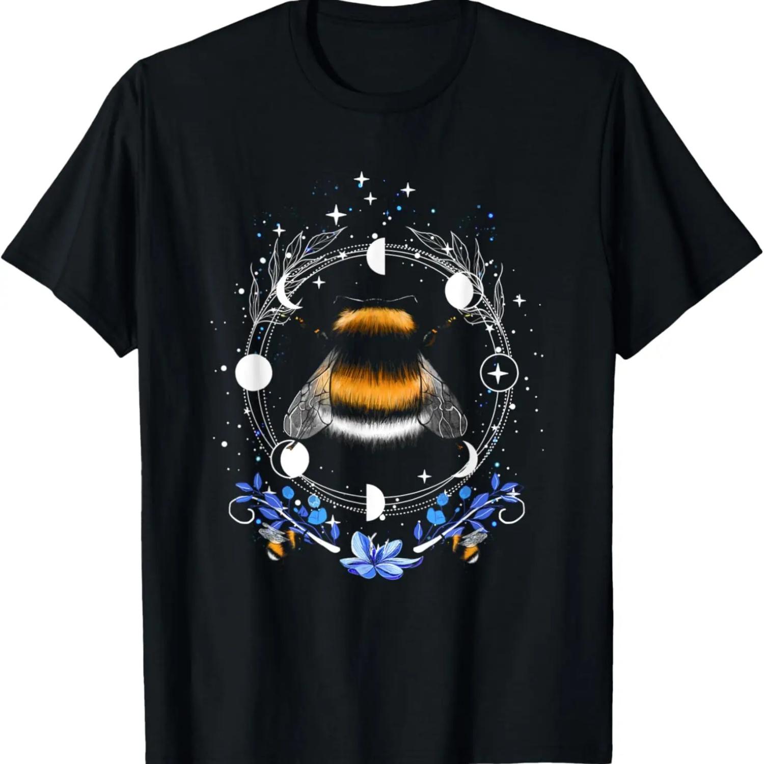 Gothic Bumblebee with Moon Phases and Flowers T-Shirt S