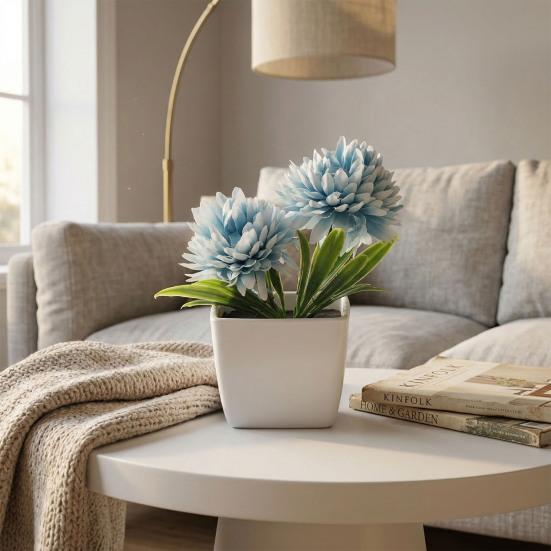 Fake Chrysanthemums Ball Flower In Pot Mini Artificial Potted Plants for Home Indoor Office Farmhouse Table Decor