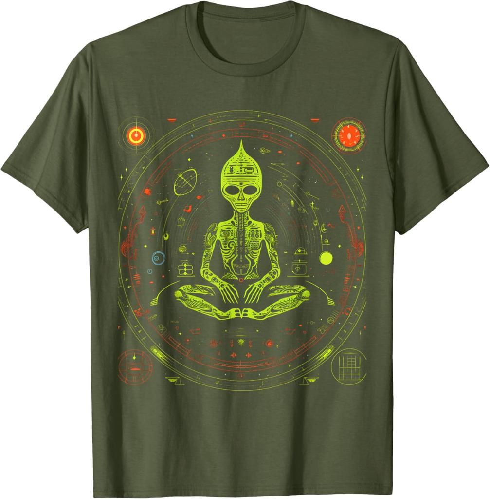 Alien Zen Meditation Graphic Tee Men's Breathable Cotton Casual Short Sleeve T-Shirt