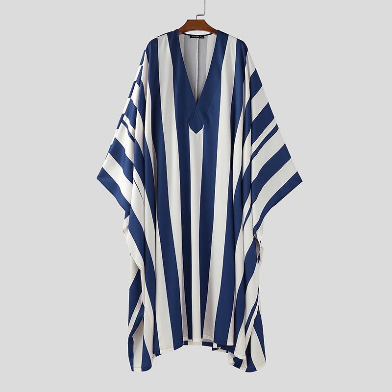 INCERUN Men V Neck Batwing Sleeve Striped Print Irregular Casual Loose Long Dress Robes