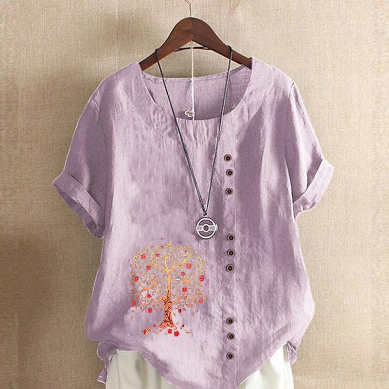 Women's Fashion Round Neck Short Sleeve T-shirt Casual Cotton Linen Graphic Shirt Leisure Loose Red Tree Prined Summer Blouse Tops Plus Size