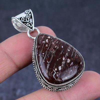 Pingente de prata esterlina 925 feito à mão com pedra preciosa de papoula natural jaspe 2,01" F4e08