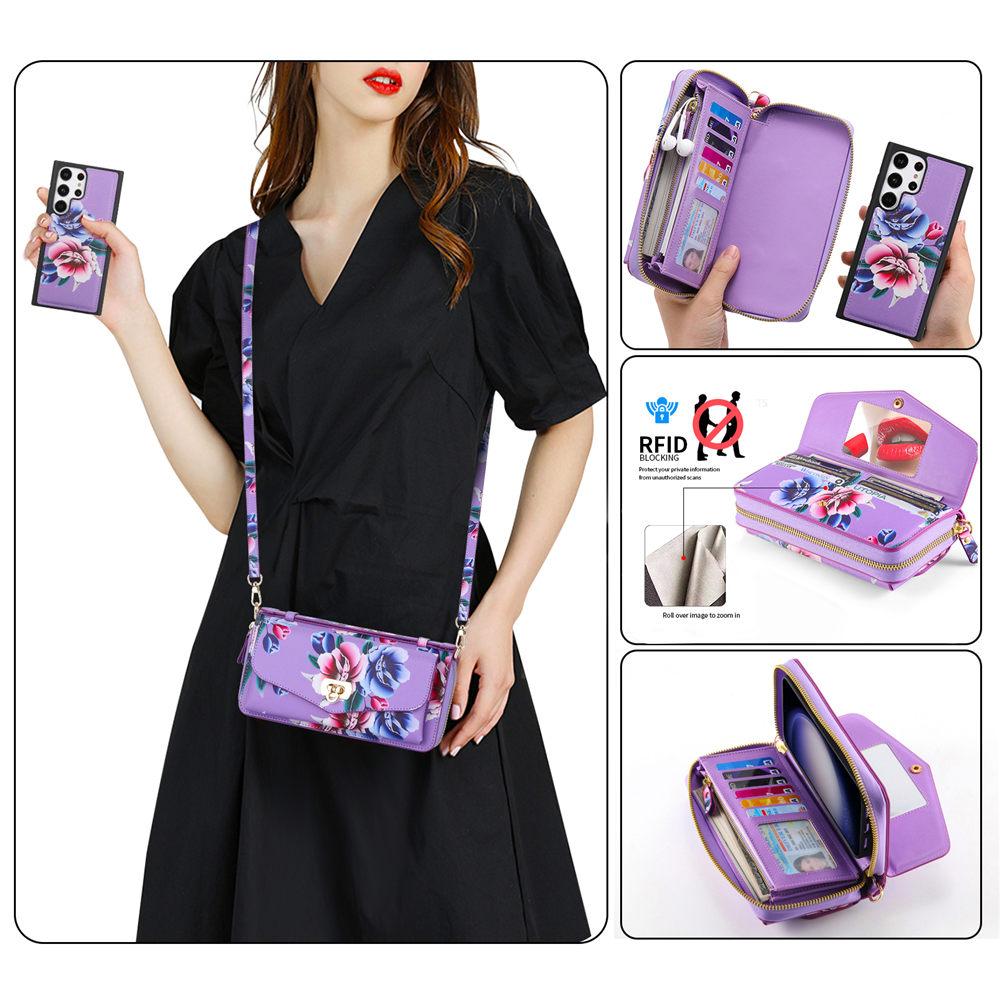 Crossbody Flower Wallet Leather Case For Samsung Galaxy S25 S24 Ultra S23 S22 Note 20 Detachable Wristband Cards Phone Cover