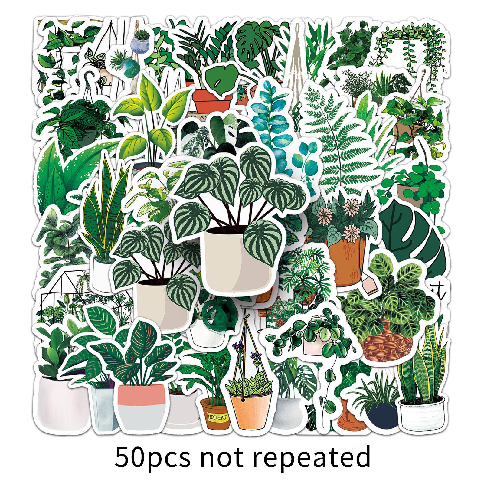 

50pcs Green Cartoon Plant Stickers - INS Style for Decorating Milk Tea Cups
