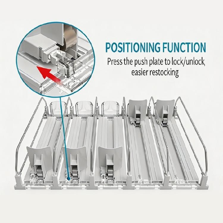 Front Facing Drink Rail Spring Loaded Single Lane Can Feed Track with Side Rails for Fridge Shelf and Store Display
