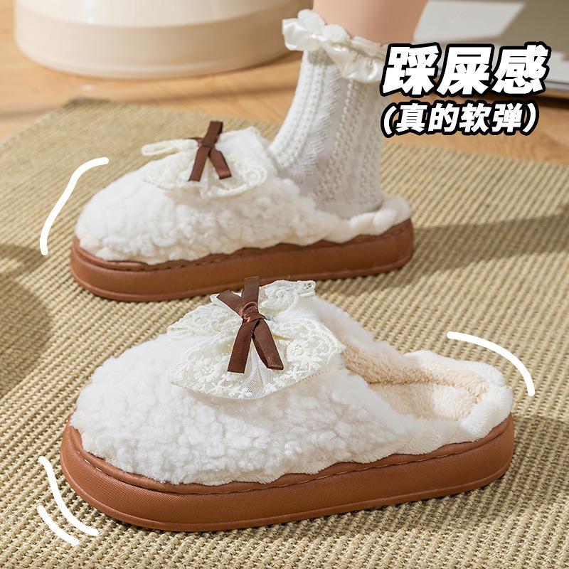 Bow New Cotton Slippers Women's Winter Indoor Home Soft Sole Non-slip Warm Plush Thick-soled Confinement Shoes