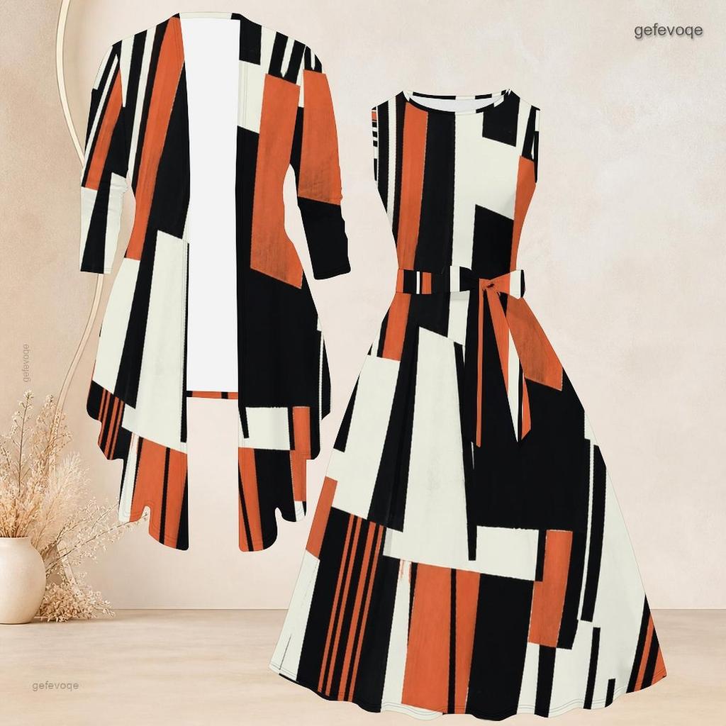 Women Plus Size Geometric Printed Two Piece Set Sleeveless Tie Waist Flared Dress 3 4 Sleeve Open Cardigan