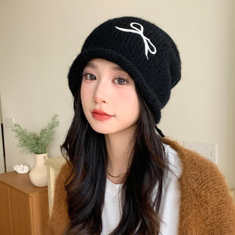 

Sweet and Cute Bow Embroidered Knit Hat Autumn and Winter Versatile Warm Hat Outdoor Cold Protection Ear Protection Wool Hat One Size