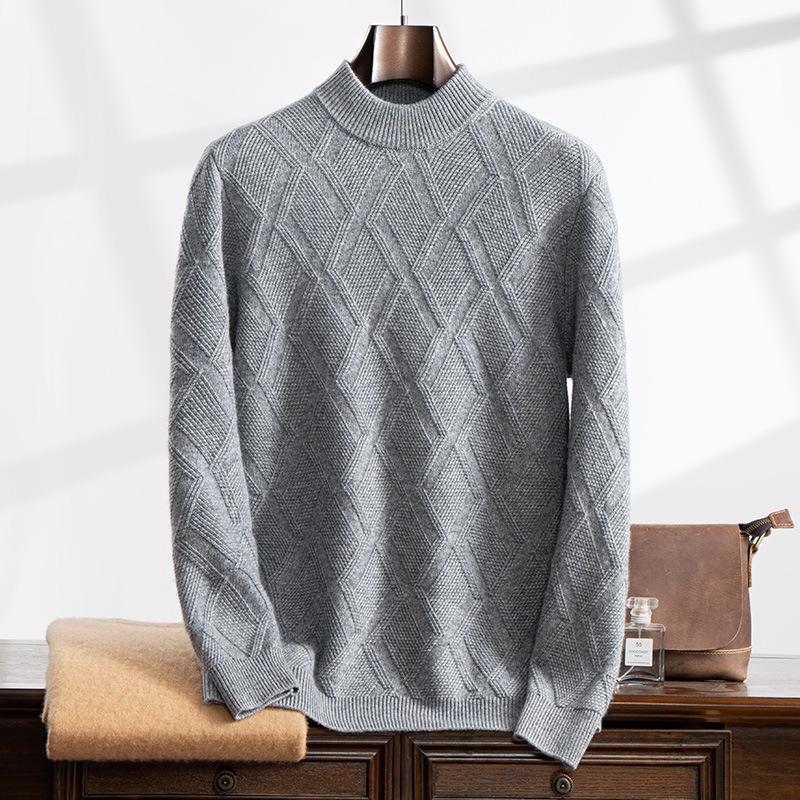 Men's Cashmere Jacquard Pullover Sweater - Half High Neck, Thick, Loose Fit, Long Sleeve, Business Casual