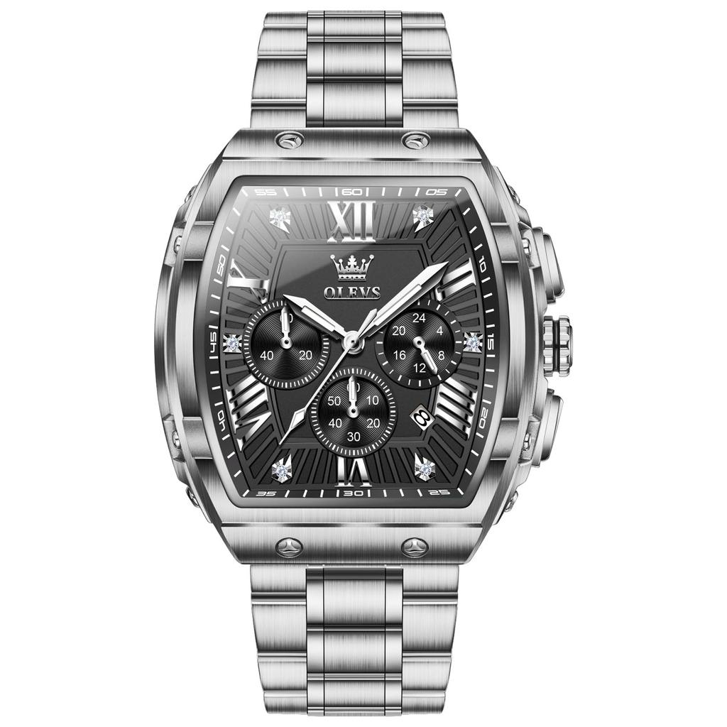 OLEVS Popular Formal Waterproof Analog Quartz Watch In Stylish Metal Watch for Cool Chronograph with Luminous Date Display and Large Black Men's