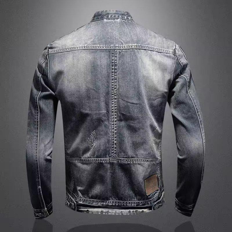 Herren Retro Stehkragen Reißverschluss Denim Motorradjacke - Trendiges Casual Sport Revers Oberteil.