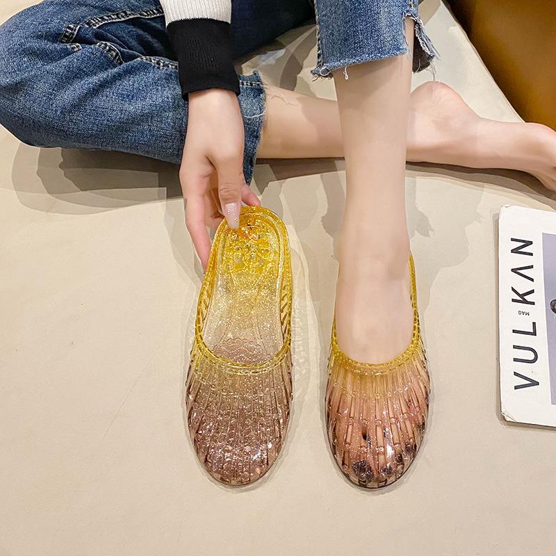Women's Cross-Strap Closed-Toe Crystal Jelly Mules - Non-Slip, Hollow, Flat Outdoor Summer Sandals