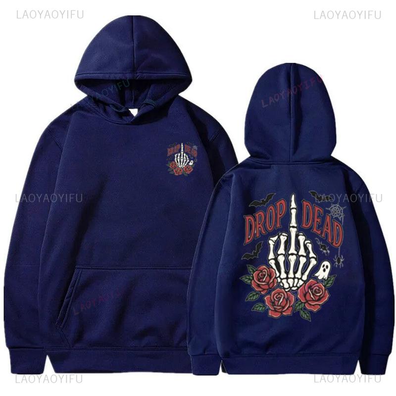 Halloween Skeleton Hoodie Drop Dead Vintage Retro Sweatshirt Spooky Season Pullover Cotton Unisex Funny Costume Party Gift