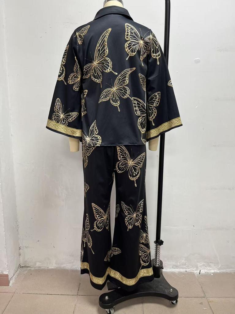 Pink Gold Butterfly Print Women's Two-Piece Suit with Lapel Wide Sleeve Shirt and Drape Wide-Leg Pants