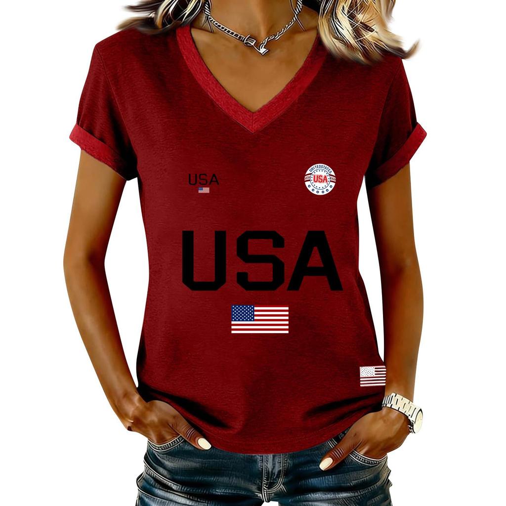 Damen Lässiger V-Ausschnitt Kurzarm Pullover Bedrucktes T-Shirt Top