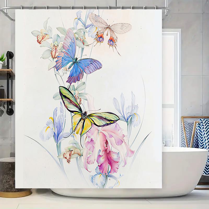 

Butterfly Floral Shower Curtain Bathroom Decor Waterproof Fabric Print Home Decoration Window Covering White Size: 180X240Cm W60H190(CM)-1 Pcs