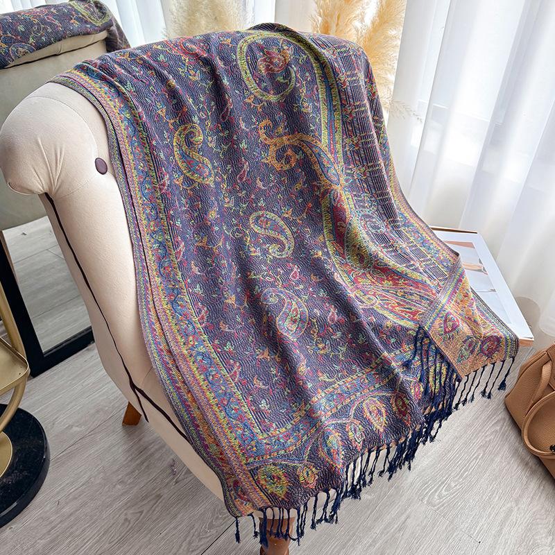 Jacquard Scarf Shawl Tassel Cashew Jacquard Ethnic Style Scarf Women's Autumn and Winter Retro Scarf Warm and Cold-proof Shawl