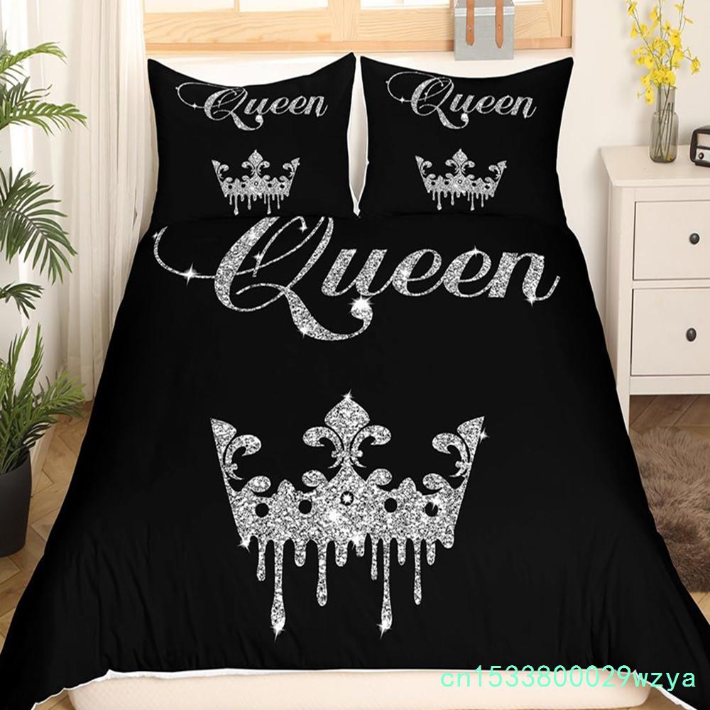 Modern King Crown Nevresim Takımı İkiz Siyah Pembe Yatak Takımı Kadın Yetişkin Çift Yorgan Kılıfı Kızlar Sevgililer Günü Yorgan Kılıfı