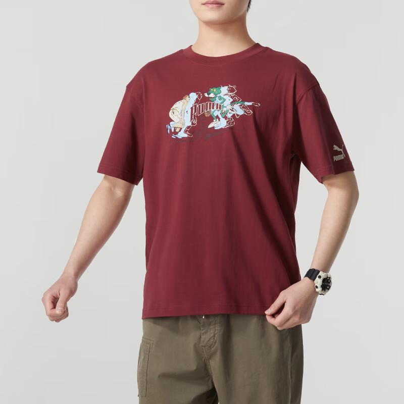 Puma Cartoon Print Casual Breathable Short Sleeve Pullover T-Shirt Men Tops Burgundy 629400-55