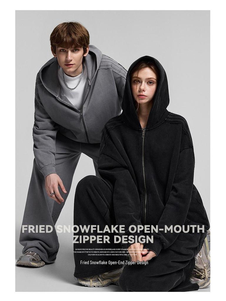 High Street Men's Retro Patchwork Hoodie - Pure Cotton Heavyweight 420G Loose Fit Zipper Jacket