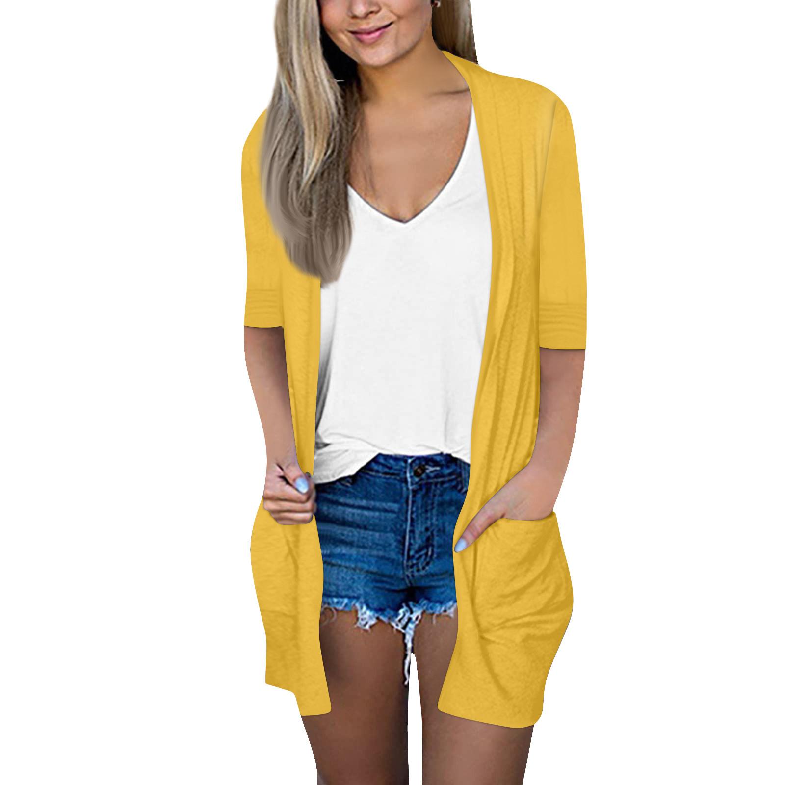 

Женская мода, свободный повседневный карманный однотонный кардиган, куртка с рукавами из семи частей, топ M жёлтый