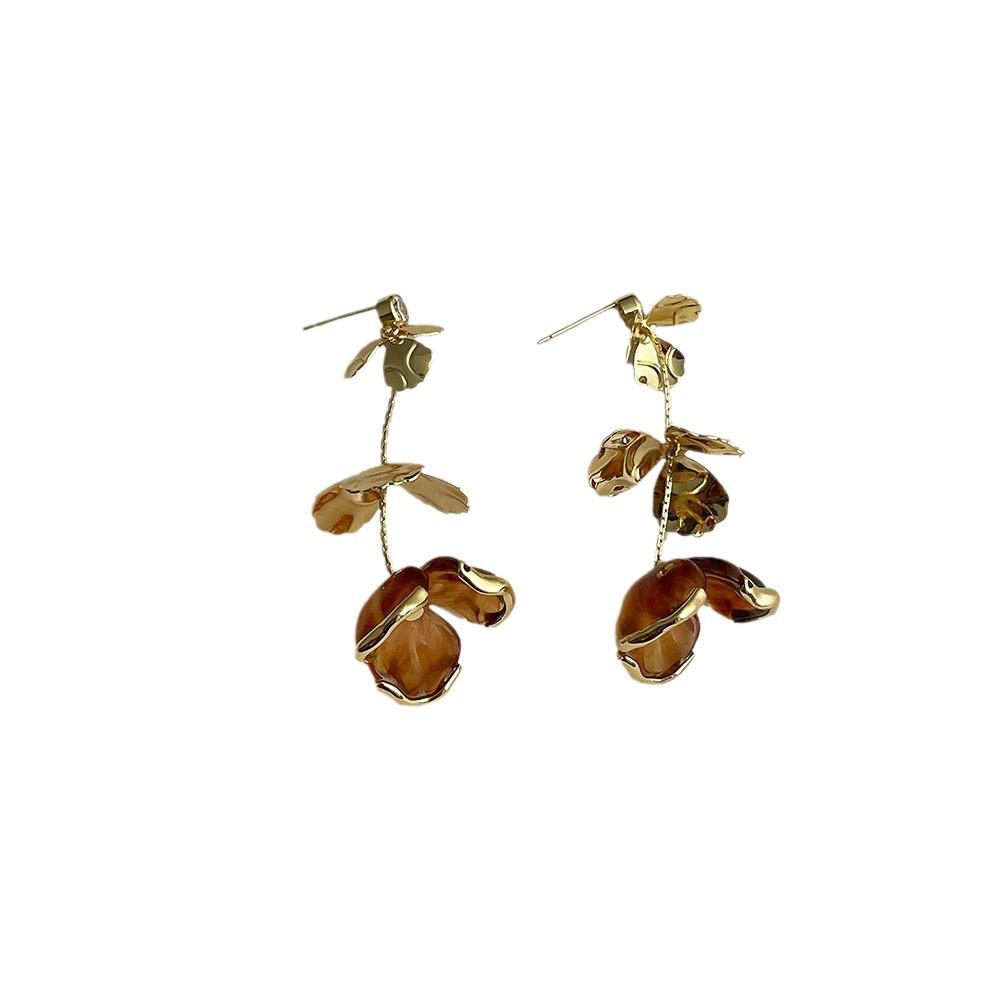 Caramel Amber Flower Tassel Earrings - Women's Luxury Long Dangle Earrings for Autumn/Winter