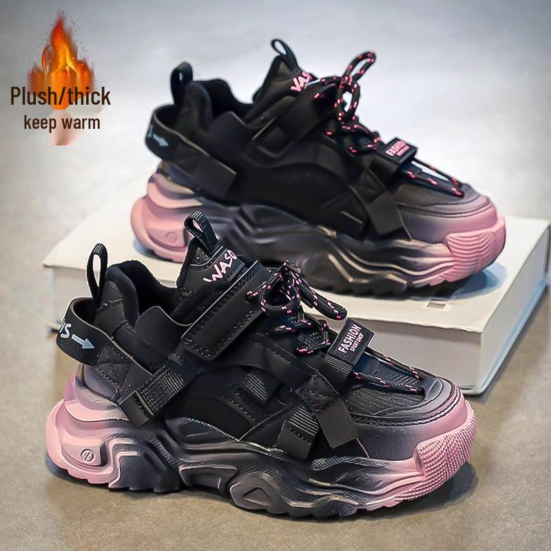 Girls' 2024 Winter Black Velvet Sports Shoes - Soft Sole Cotton Dad Style