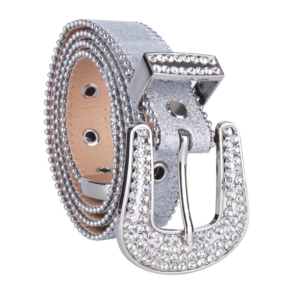 Silver Rhinestone Studded Crystal Bling Wide Pin Buckle PU Leather Western Belt Y2K Designer Style Men Women Cowboy Jeans Party