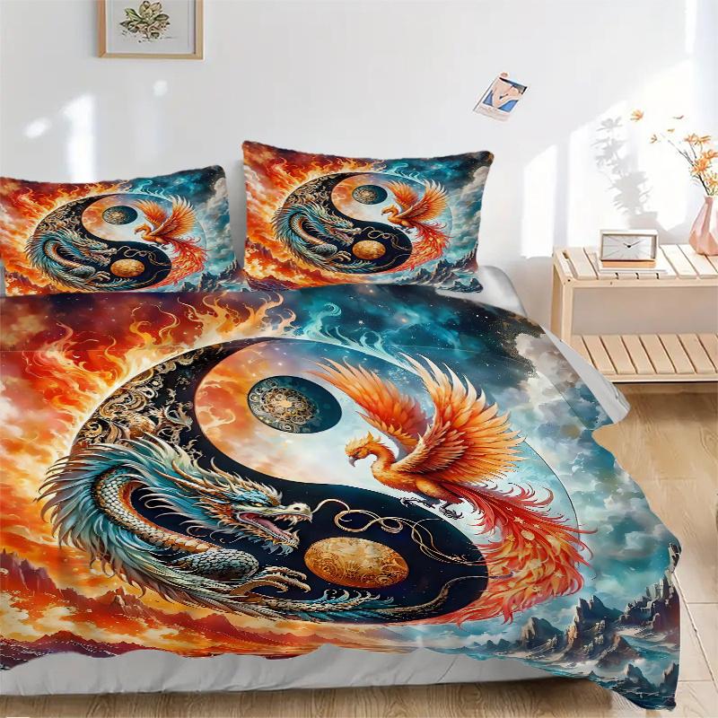 3pcs Dragon and Phoenix In Cosmic Balance Quilt Set Cartoon Themed Bed Quilt Set Lovely Character Bedroom Decor Bed Quilt Set Four Seasons (1 Cov