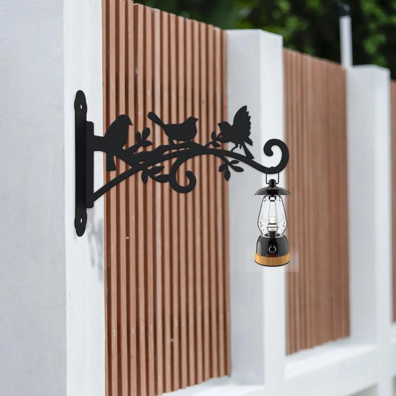 Bird Pattern Flower Basket Holder Wall Mounted Metal Bracket Hanger Rustic Style Wide Base for Outdoor Indoor Garden Yard Street