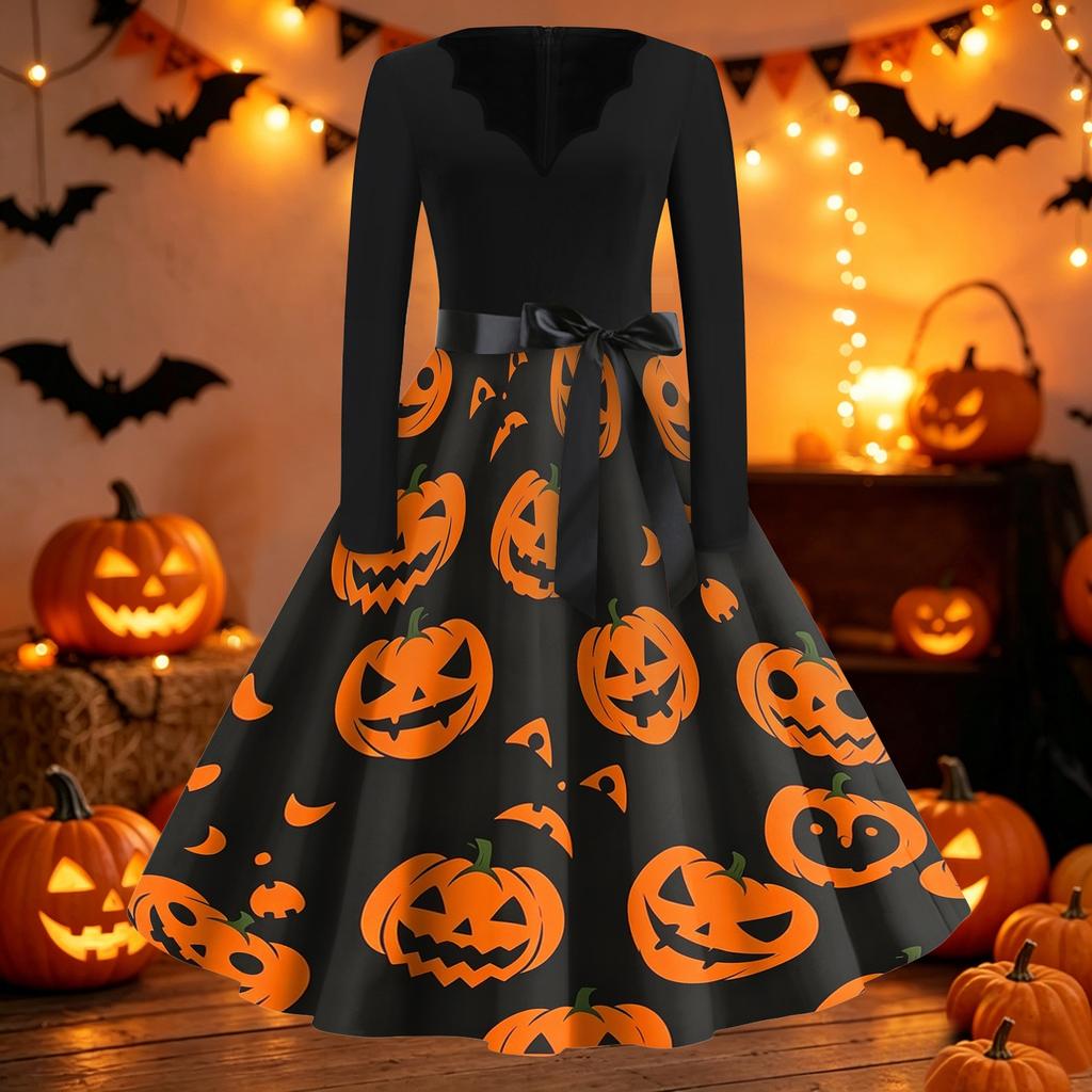 Women Casual Vintage Halloween Dress V Neck Long Sleeve Belted Waist Retro Printed Midi Dress for Autumn and Party