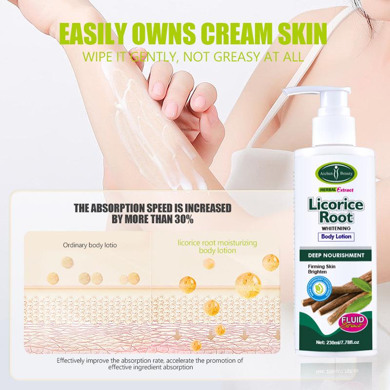 Lait corporel à la racine de réglisse pour éclaircir le teint Rétrécir les pores Hydratation longue durée Lissage Blanchissant Essence végétale riche