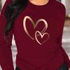 Damen Frühjahrs- und Herbstkleidung Buntes Herz Aufdruck T-Shirt Langarm Rundhals Freizeit Oberteil