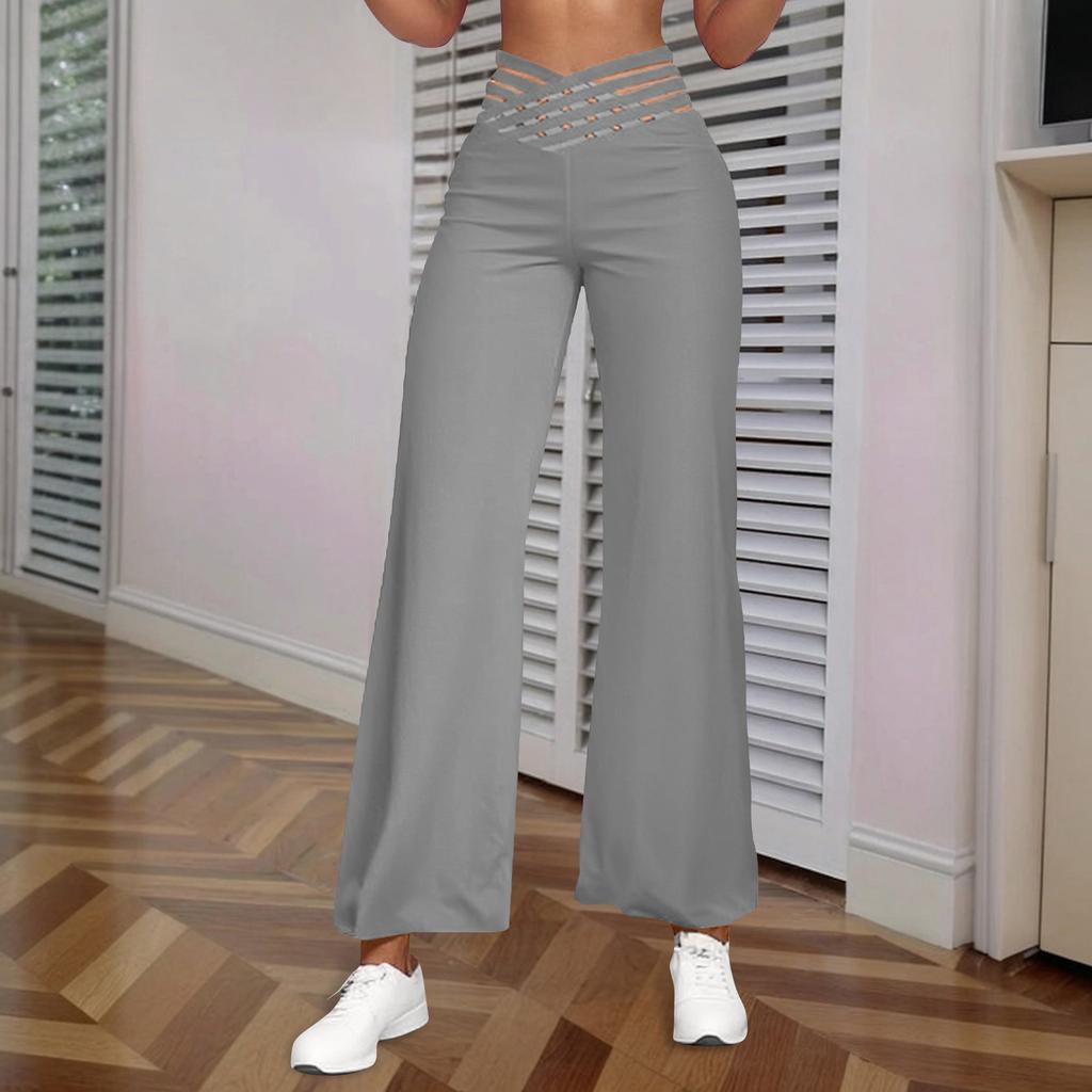 Damenhose mit hohlem Gürtel, Temperament, Schlaghose, hohe Taille, lässige Hose mit weitem Bein