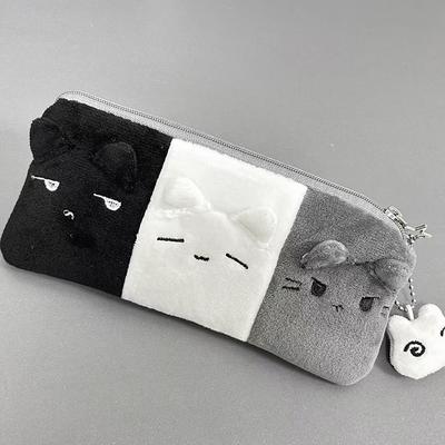 Kawaii Cartoon Schwarz Weiß Grau Colorblocking Plüsch Federmäppchen Schüler Schreibtisch Schreibwaren Große Kapazität Aufbewahrung Stiftebeutel