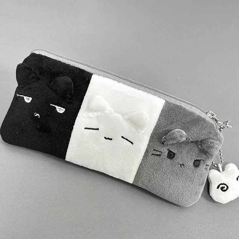 Kawaii Cartoon Black White Grey Color Blocked Plush Pencil Case Student School Desktop Stationery Large Capacity Storage Penbag