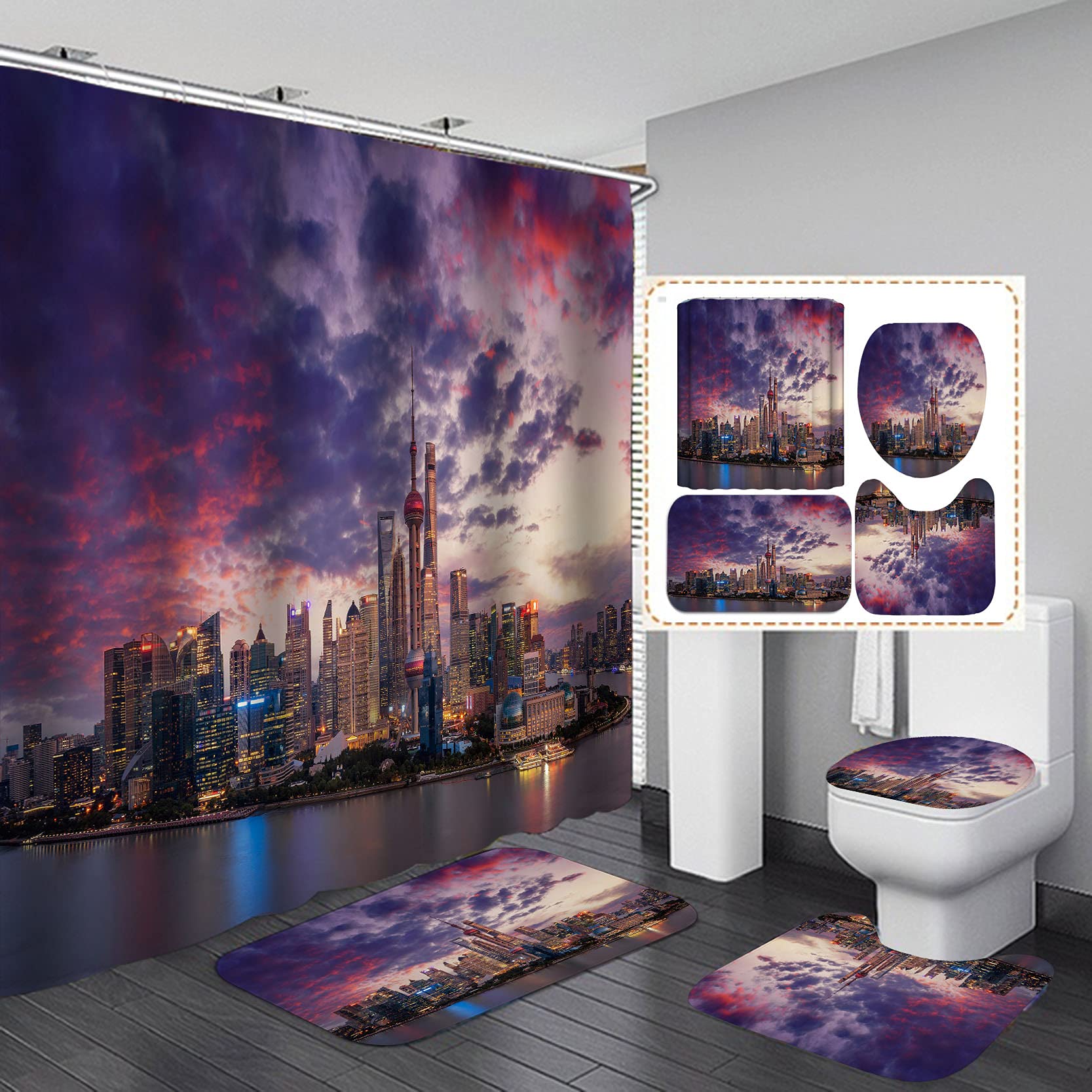

Las Vegas Fabric Shower Curtain Set Cool Modern City Famous Building Eiffel Tower Ferris Wheel Night View Art Bathroom Decor Set W60H190(CM)-1 Pcs