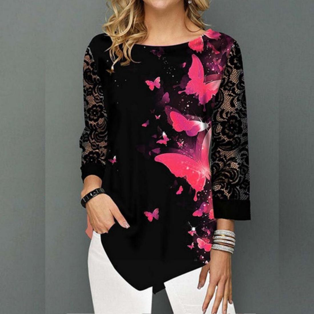 

Весенний тренд Женская мода Повседневная рубашка с длинными рукавами и принтом в виде бабочек с круглым вырезом и блузками Нестандартные туники Топы 5XL розовый