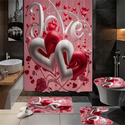 4pcs Red And White Heart Pattern, Valentine's Day Bathroom Set, Waterproof Barrier Shower Curtain, with 12 Hooks, Non Slip Bath